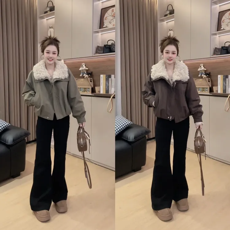 高端欧货2025年冬装新款翻领羊羔毛棉服棉衣女短外套上衣