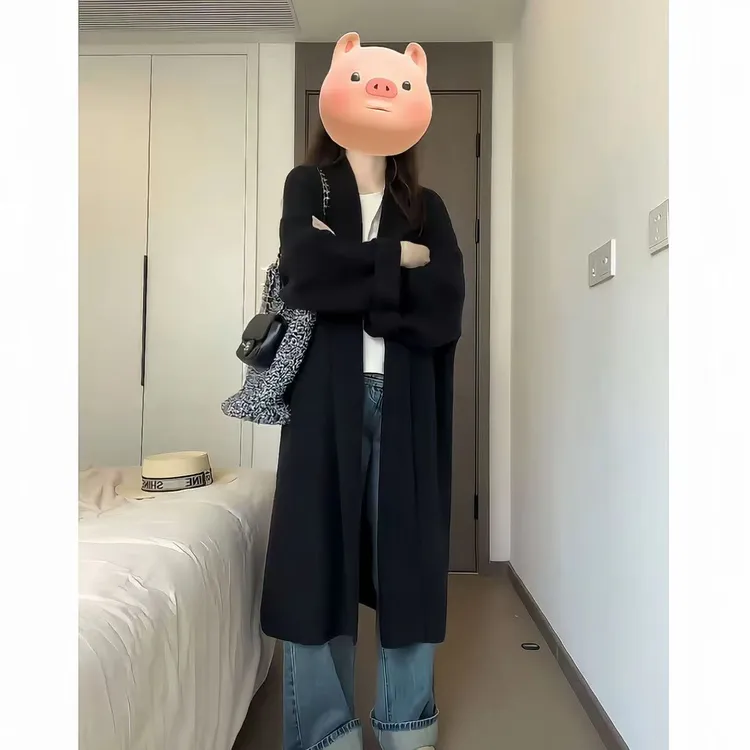 早秋季黑色毛衣长外套女爆款新款2025年针织衫开衫韩系慵懒风穿搭