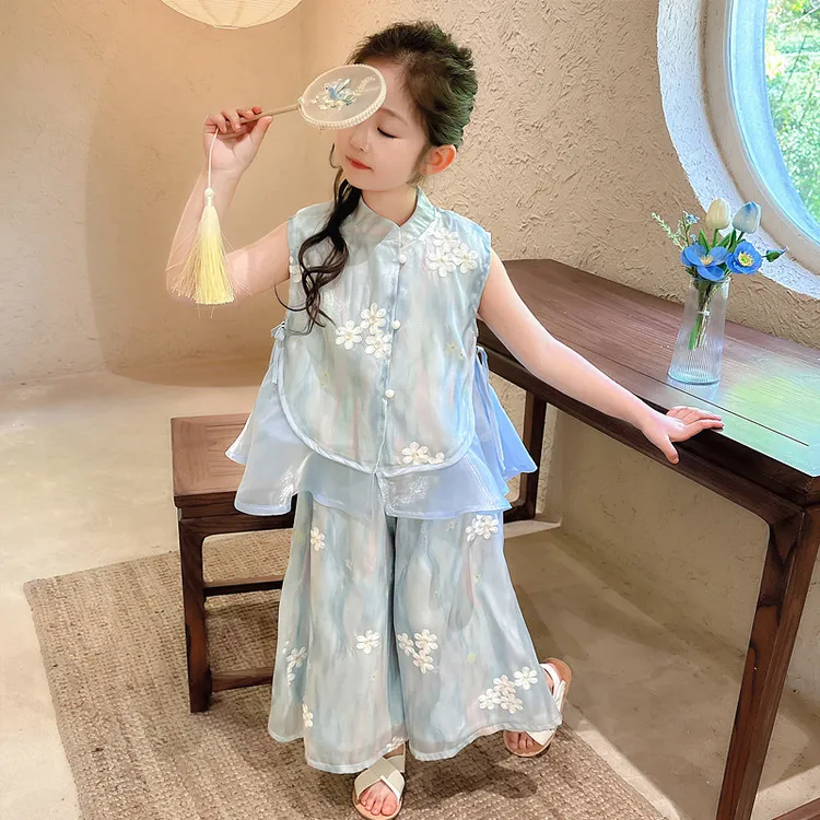女童套装2025新款洋气女宝宝夏季国风阔腿裤两件套儿童新中式汉服