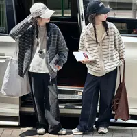 女童秋装新款套装中大童儿童装洋气女孩连帽条纹毛衣牛仔裤两件套