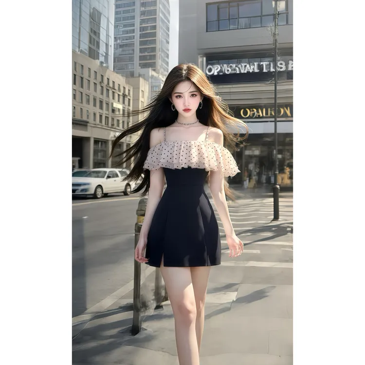 2025黑色一字肩吊带修身收腰短款连衣裙女生日气质显瘦高级感穿搭