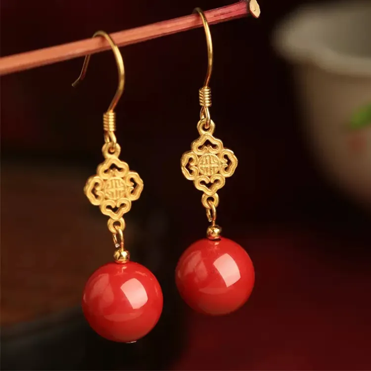 天然辰砂小银匠四合如意朱砂S925银耳环女红色复古耳坠耳饰品礼物