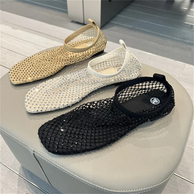 软底网红小众闪亮水钻网面鞋透气镂空烫钻平底鞋凉鞋时尚豆豆鞋