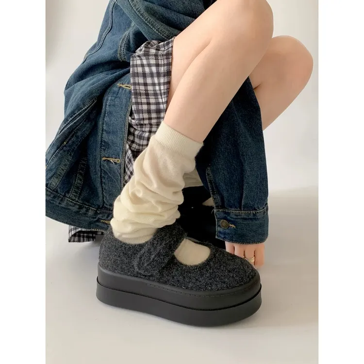 韩版时尚圆头厚底棉鞋女款2025新款秋冬加绒增高百搭玛丽珍毛毛鞋