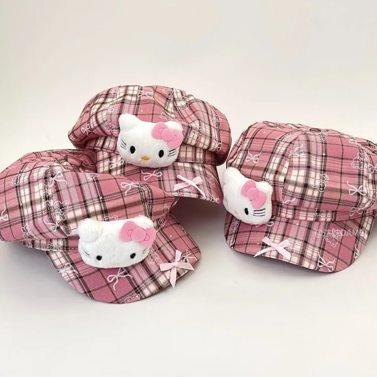 【艺凡】古早可爱Kitty格纹八角帽女显脸小鸭舌帽甜美百搭贝雷帽