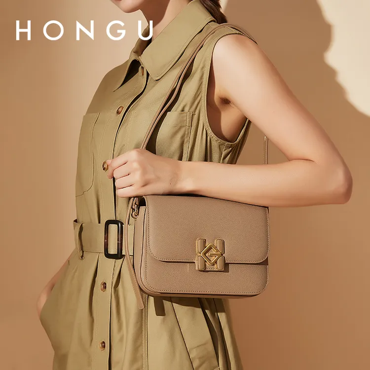 HONGU/红谷新款牛皮单肩斜挎包时尚通勤百搭豆腐包女包H5175893
