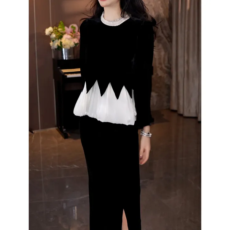 轻奢名媛风高档丝绒裙套装2025秋季新款撞色拼接韩系衬衫+半身裙