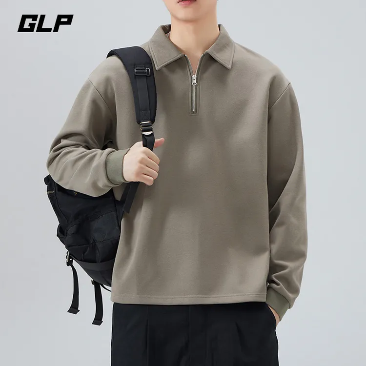GLP春季新款重磅套头青少年卫衣翻领POLO衫男纯色休闲上衣服