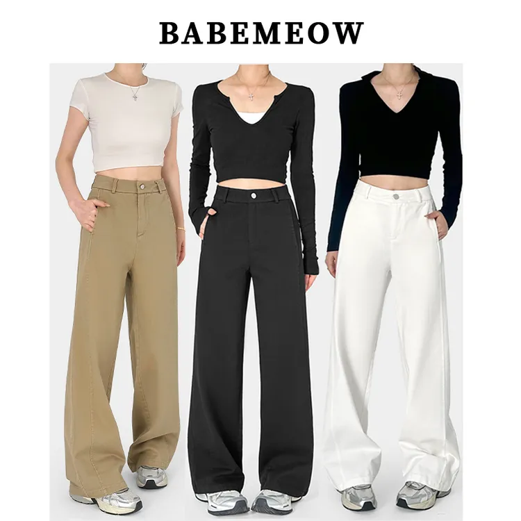 Babemeow简约解构水洗棉白牛仔裤女宽松直筒阔腿裤设计感显瘦裤子