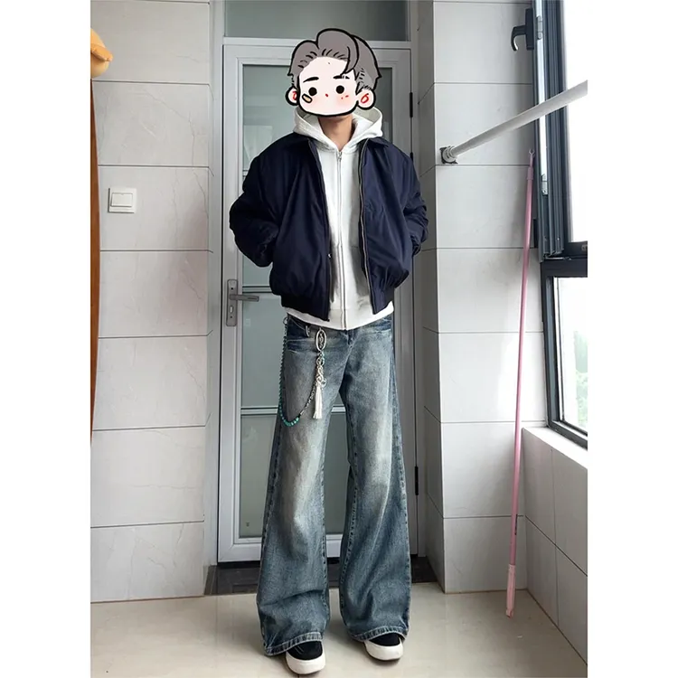 秋季cleanfit闪电纹微喇牛仔裤男美式高街vibe裤子修身直筒弯刀裤