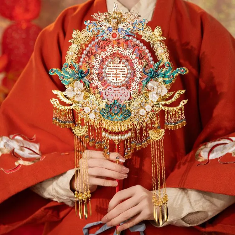 原创双面团扇diy材料包手工高级重工秀禾喜扇新娘结婚出嫁手捧花