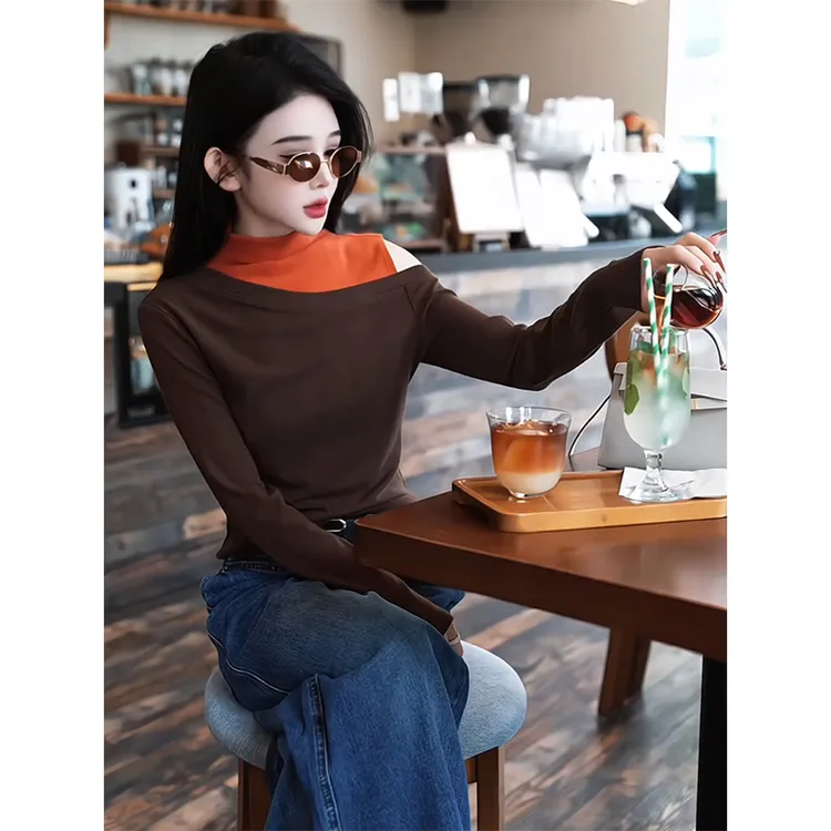 假两件拼接撞色半高领长袖T恤女春秋设计感法式别致绝美露肩上衣