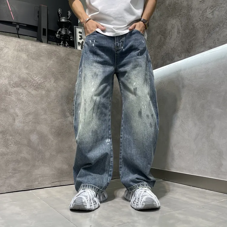 渐变泼墨秋季长裤牛仔裤直筒裤水洗大码美式宽松做旧设计感复古