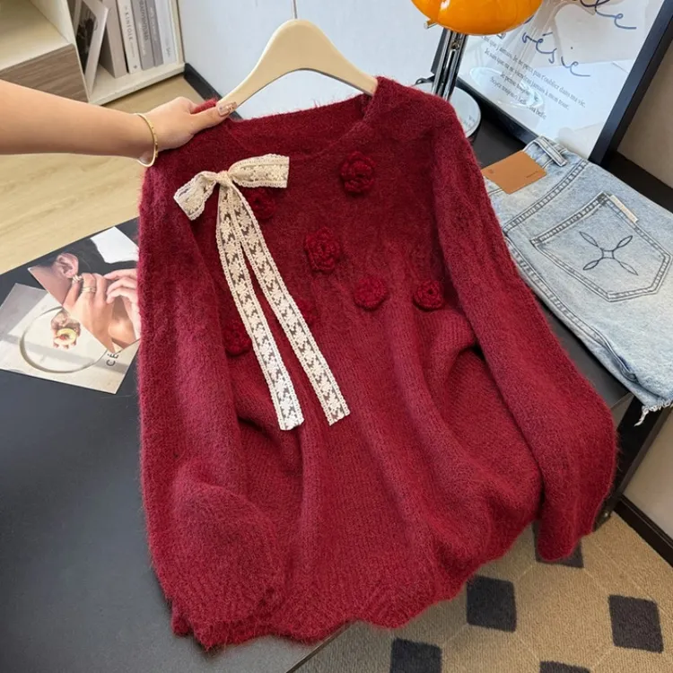 韩系蕾丝系带花朵红色毛衣秋冬新款大码女装胖mm宽松慵懒针织上衣