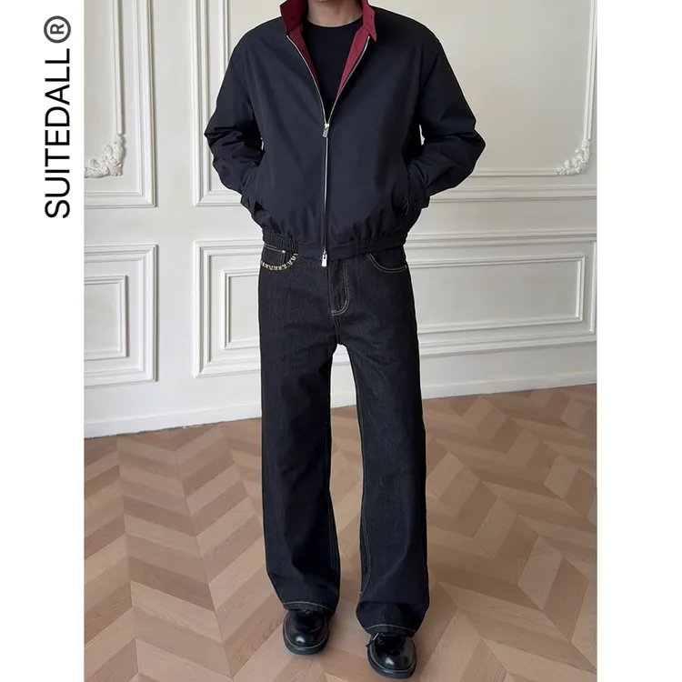 SUITEDALL手缝线原牛A字宽松直筒纯棉活性染不褪色百搭男女牛仔裤