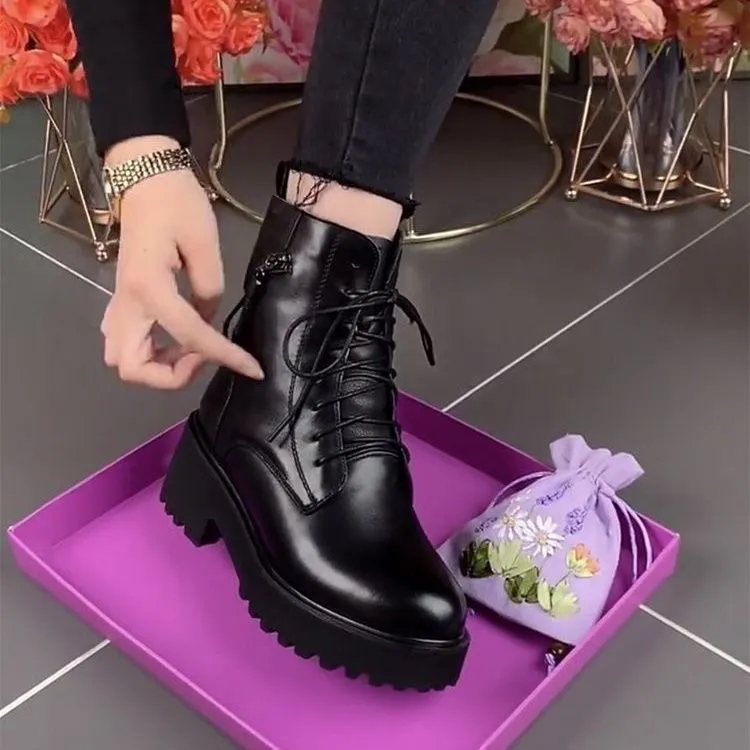 新款厚底英伦风时尚百搭马丁靴 增高显瘦加绒保暖防水台粗跟短靴