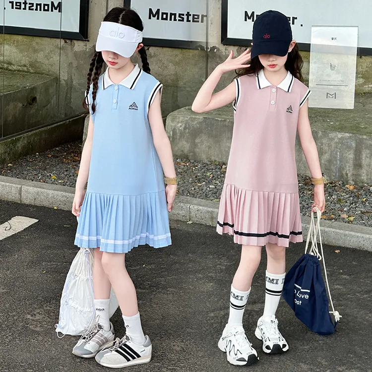 女童夏季洋气学院风连衣裙2025新款女孩休闲运动polo领无袖背心裙