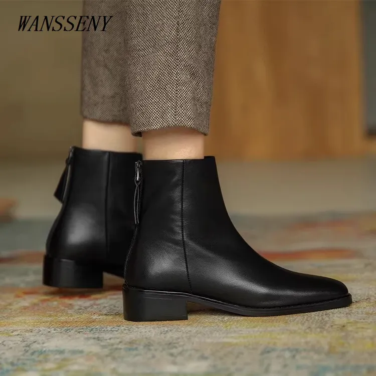 WANSSENY2025新款黑色中跟短靴女真皮方头软皮后拉链显瘦时尚靴子