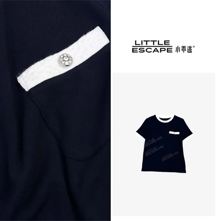 早秋上新藏蓝T恤拼白色领口立体泡泡单口袋藏蓝口袋扣M8790