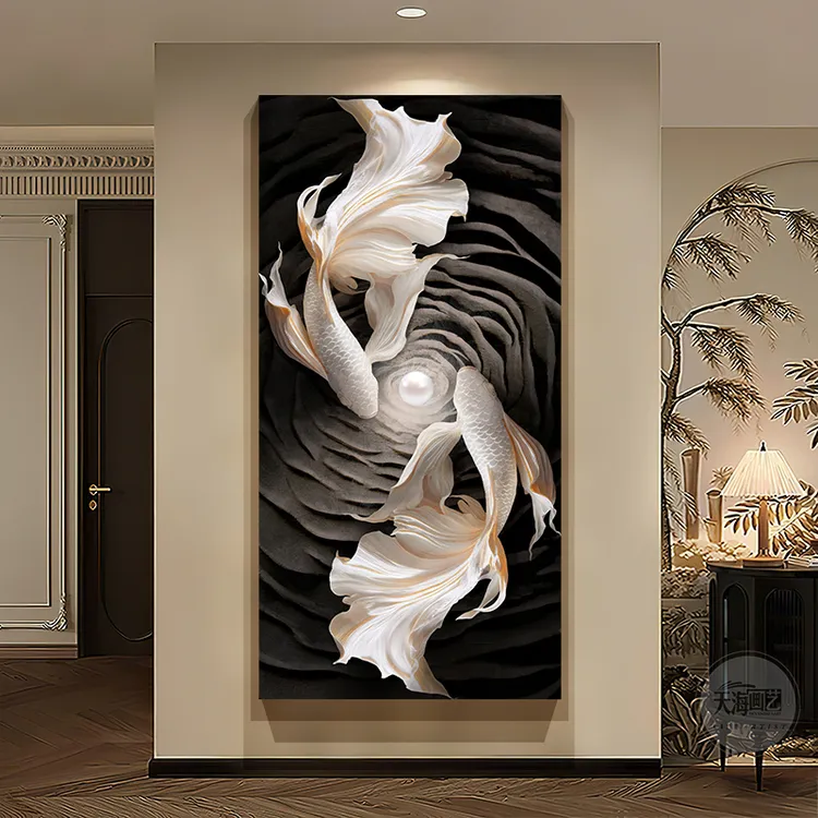 高级感锦鲤入户玄关装饰画浮雕立体肌理感走廊过道挂画中古风壁画