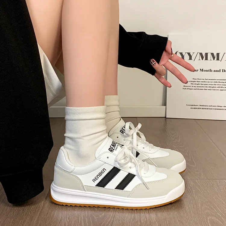 人本德训鞋女2025春季新款经典百搭复古休闲鞋学生厚底增高小白鞋