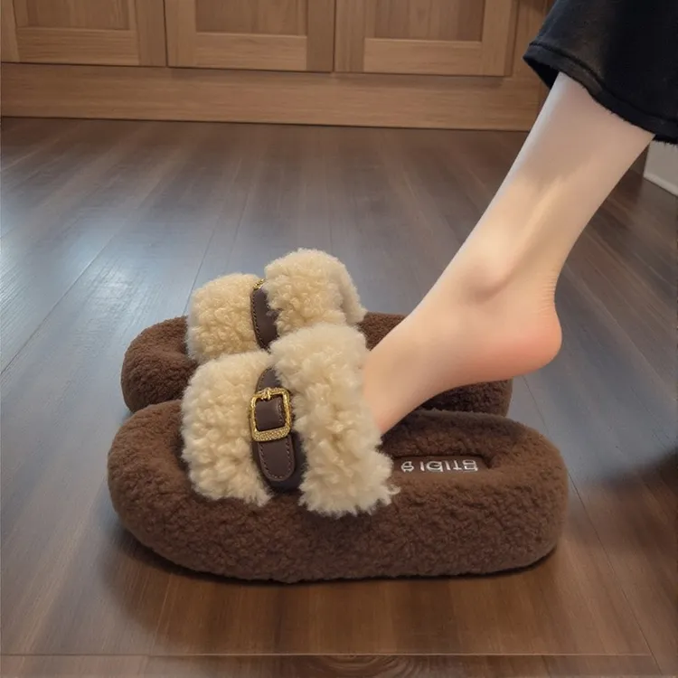 【羊羔绒】毛毛拖鞋女外穿2025新款秋冬厚底皮带扣防滑棉拖鞋网红