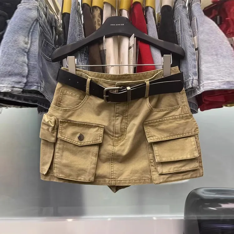 个性口袋中高腰休闲工装牛仔短裙2025夏美式辣妹防走光包臀半身裙