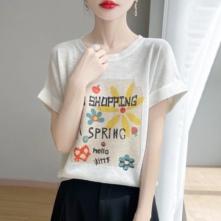 【凉爽透气】夏季新款竹节麻水果太阳花针织短袖时尚百搭宽松显瘦