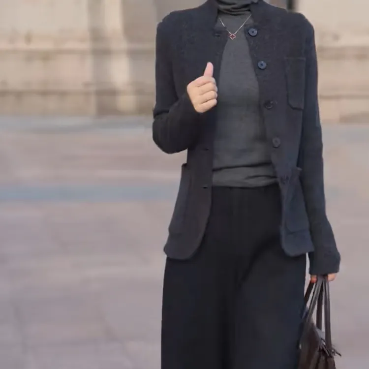 女中国风长袖立领AB面羊绒针织厚款短外套常规款单排扣直下摆