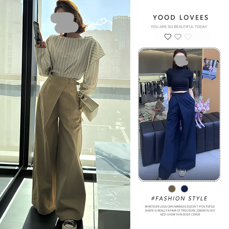 时尚休闲裤女2025春秋新款轻熟风高腰不规则显瘦高级感钗扣阔腿裤