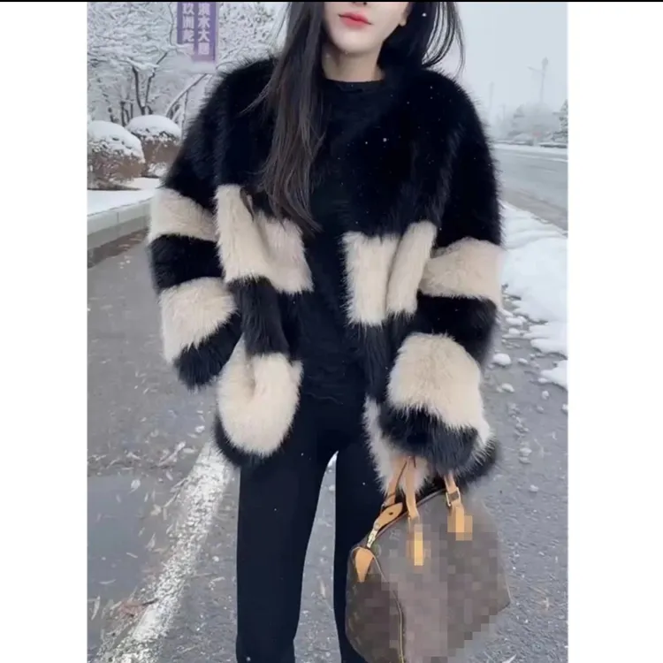 拼色开衫款宽松型毛针织衫时尚条纹女冬季撞色