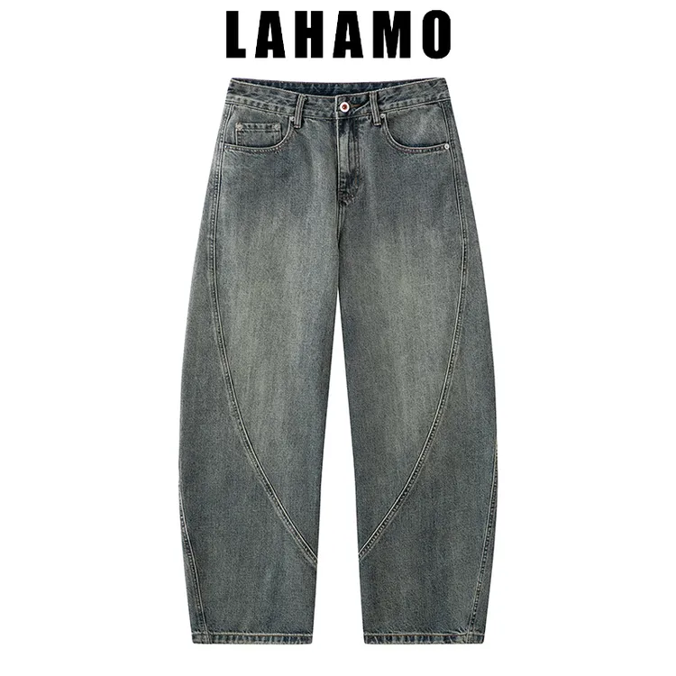 Lahamo/癞蛤蟆加绒常规潮牌立体解构百搭男士小弯刀宽松牛仔裤852