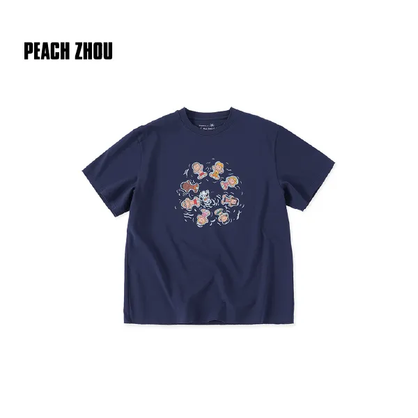 PEACHZHOU 史努比家族磨破卡通印花宽松落肩圆领短袖童趣减龄T恤