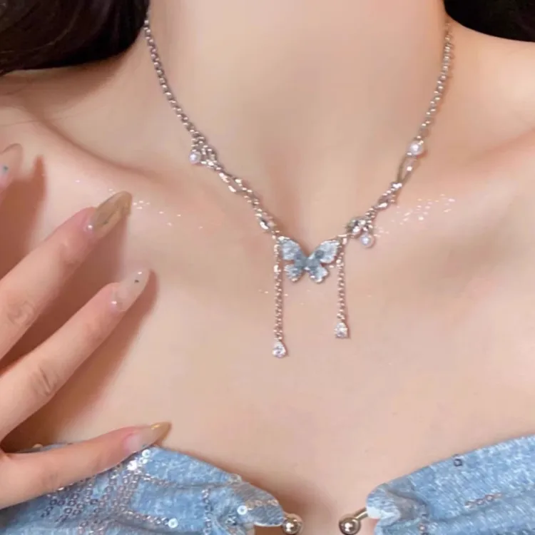 钛钢铅玻璃项链 春夏超仙渐变蓝蝴蝶流苏项链女轻奢小众珍珠闪钻