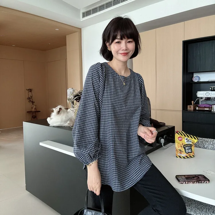 韩版长袖衬衫拼接气质小众格子休闲百搭针织背心衬衫两件套