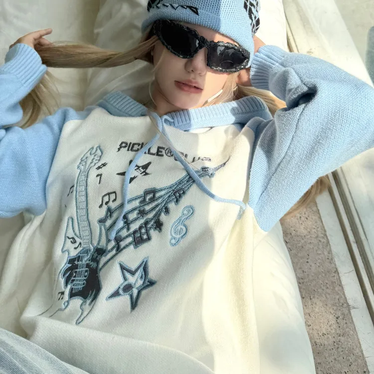梁拌泡菜原创设计秋冬新款美式幽灵吉他连帽毛衣宽松慵懒风帽衫