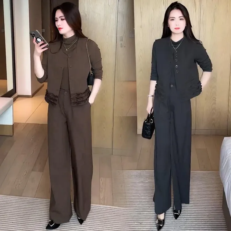 拉夏贝尔时尚套装女2025秋季新款蕾丝花边背心打底衫阔腿裤三件套