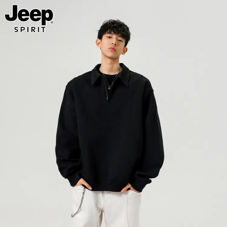 Jeep吉普美式复古半拉链卫衣男秋季潮牌重磅运动宽松翻领长袖t恤