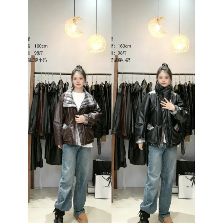 程程【1597】厚款常规款工装风短款立领皮衣冬款连帽韩版设计师