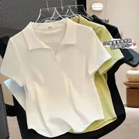 大码遮肉显瘦正肩T恤女夏季新款纯色百搭胖mm藏肉POLO领上衣