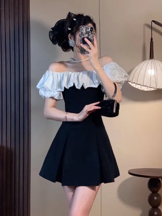 配项链一字肩飞飞袖两穿西装流光感收腰显瘦气质小个子A字连衣裙