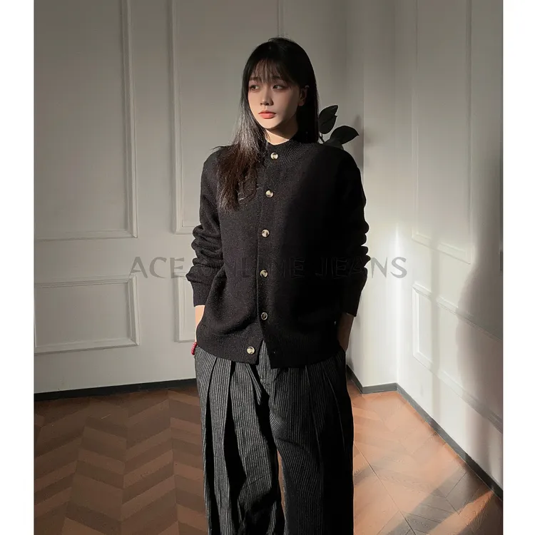 复古极简cleanfit男女同款衬衫长袖老钱排扣百搭针织毛衣开衫立领