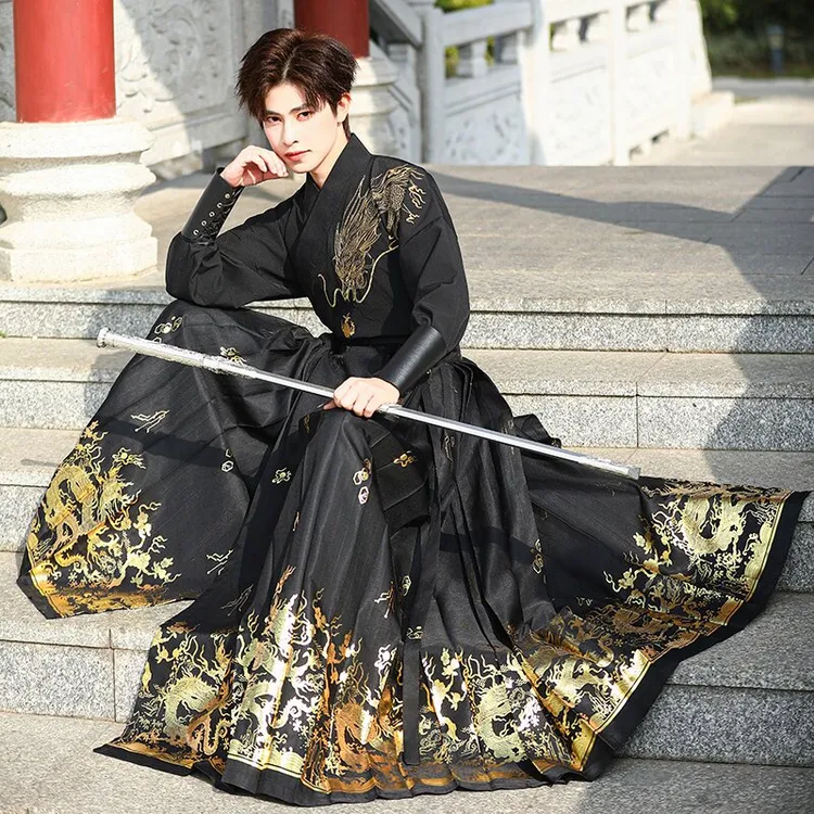 刺绣龙纹上衣烫金马面裙新中式国风霸气黑色男汉服古风武侠套装秋