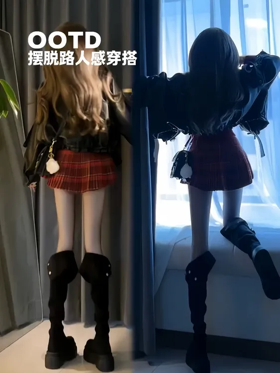 复古机车印花皮衣外套女秋季新款针织毛衣+毛呢格子百褶裙三件套