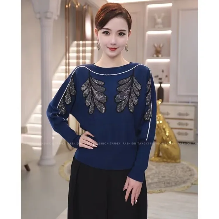 秋冬新款时尚气质提花烫钻女士针织衫洋气显瘦长袖毛衣打底衫上衣