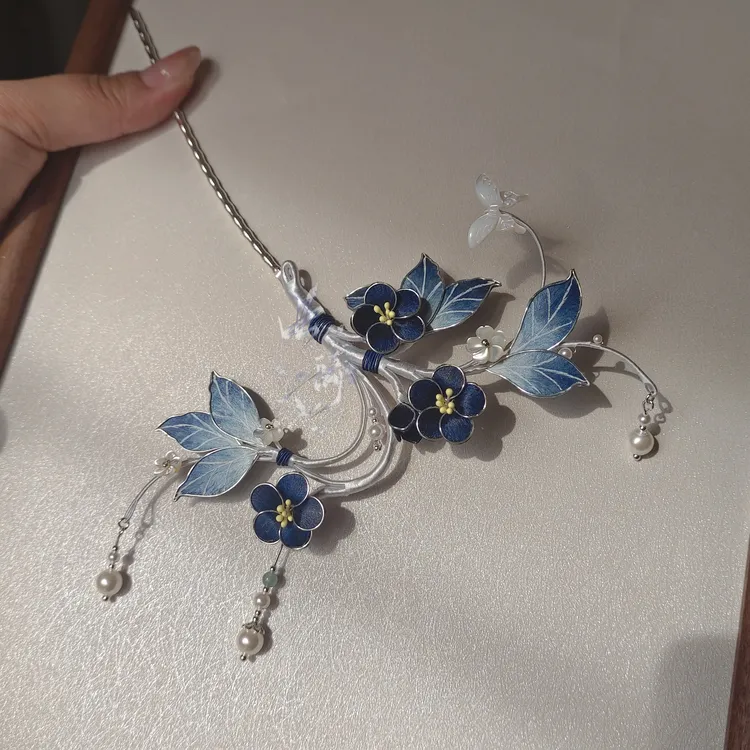 青花瓷色系掐丝绒花发簪