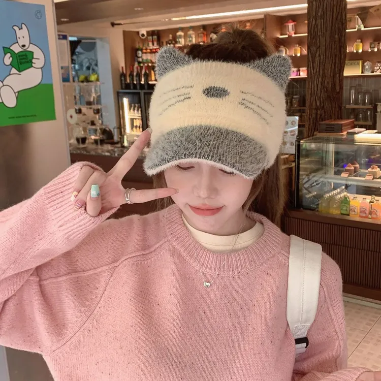 帽子女秋冬季时尚日系加绒针织棒球女士鸭舌毛线空顶帽冬天显脸小