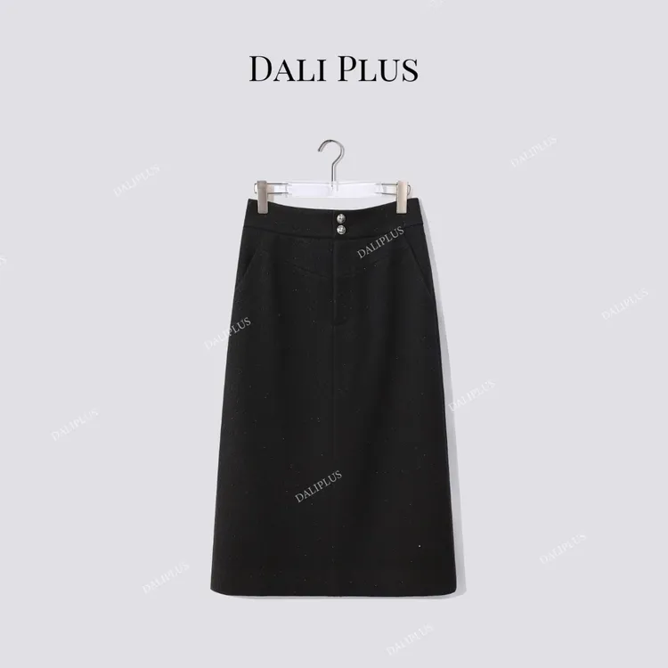 DALI PLUS“两粒扣插兜半裙”高腰中长款直筒裙-D5LT2254
