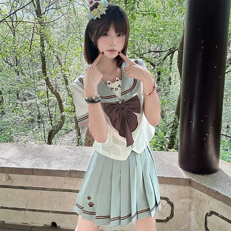 西瓜狼【水浪芙】日系水手服JK制服原创收腰百褶裙可爱学生夏季套装