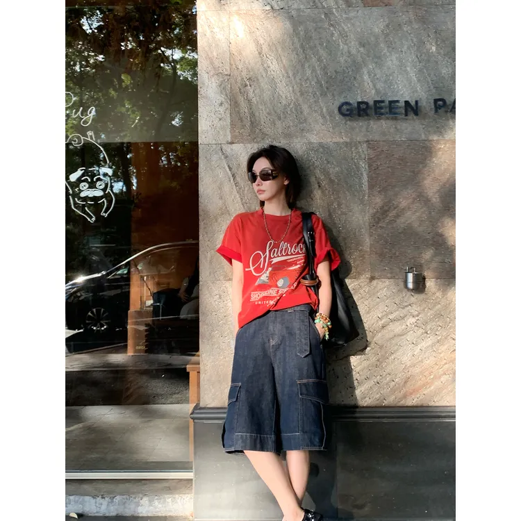 TXB “老爷车T”棉质酵洗经典复古做旧美式印花宽松圆领T恤XB-7638